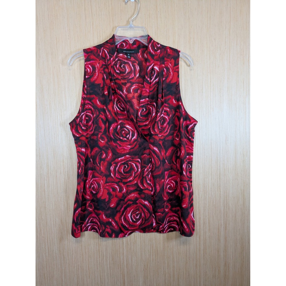 White House Black Market Red Rose Floral Sleeveless V-Neck Blouse Medium AD19